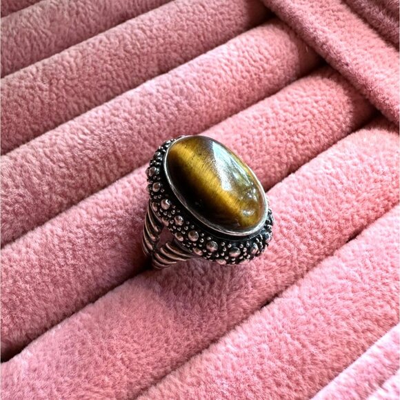 Tigers Eye Sterling Silver Oval Ring With Ornate Band & Beaded Detailing Size 6 - Picture 11 of 16